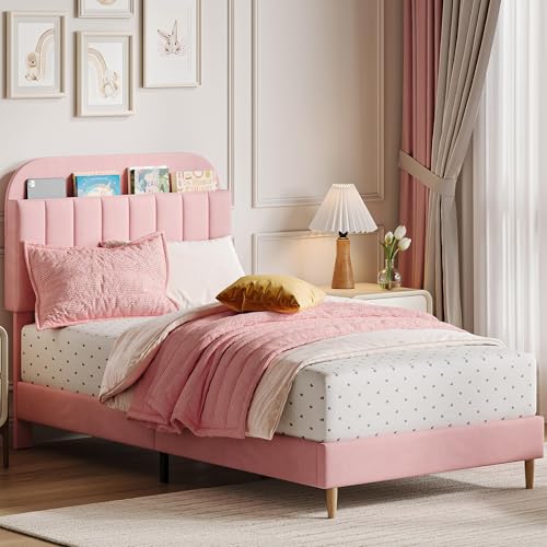 GarveeHome Full Bed Frame with Storage Headboard, Velvet Upholstered Platform Bedframe for Kids, Girl Bed, Strong Wooden Slats, Noise-Free, Easy Assembly, No Box Spring Needed, Light Pink