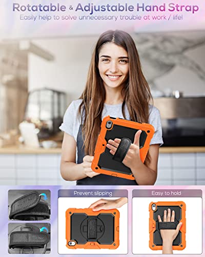 Seymac Kids Case For Ipad 10Th Generation Case 10.9" 2022, Sturdy Heavy Duty Full-Body Shockproof Protective Case With Screen Protector, Rotating Stand, Hand/Shoulder Strap For Ipad 10Th Gen, Orange #TOP3