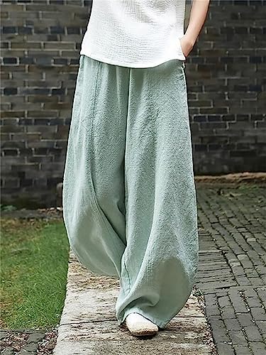 Ladies Spring Summer Linen Solid Color Elastic Waist Pants2