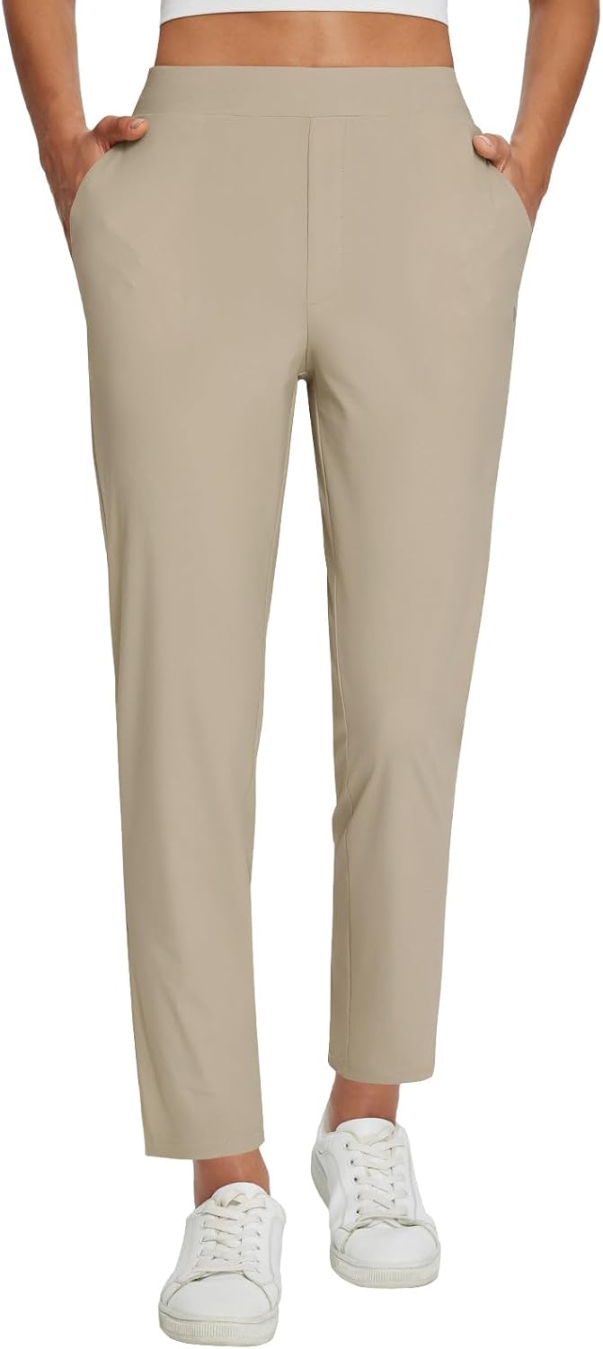 BALEAF Womens Travel Pants Lightweight Ankle Dress Pants with Zipper Pockets Golf Pants Stretch Petite Work Summer UPF50 X-Small Khaki