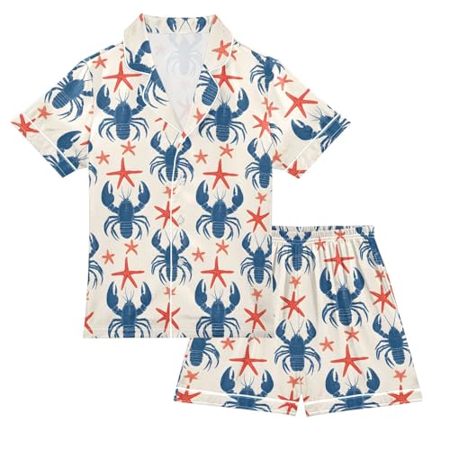 ALAZA Retro Lobster Starfish Blue Red Satin Pajamas Set Short Sleeve Button Down Sleepwear Summer Pjs 2 Piece