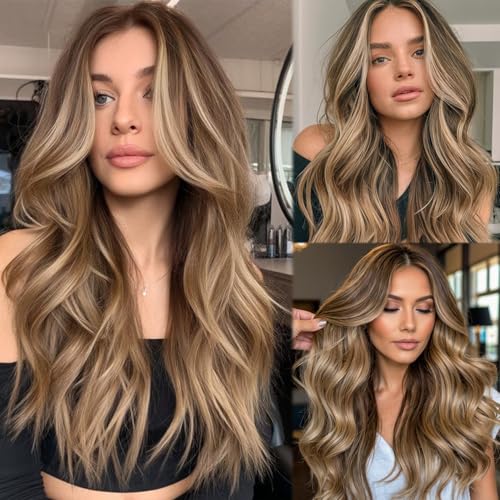 Image of 28 Inch Ombre Brown Highlight Lace Front Wigs Human Hair Balayage Brown with Ash Blonde Highlights Brazilian Raw Human Hair 13x6 HD Frontal Wig Pre Plucked 180% Density Glueless Wigs for White Women