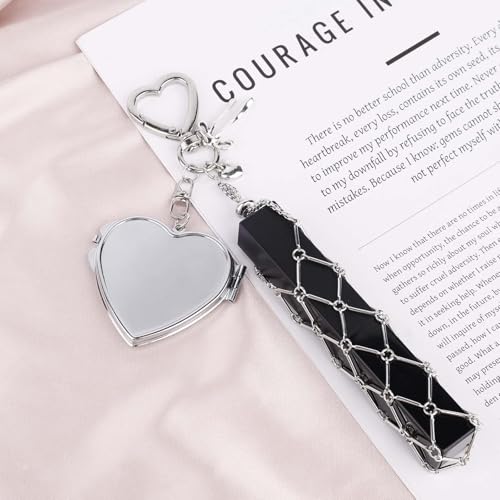 Image of Lipstick Holder Keychain, Y2K Bag Charm Accessories with Touch Up Mirror, Silver Net Pouch for Lip Balm and Makeup Organizer, Portable Bag Link Charm for Daily Use and Travel Essentials