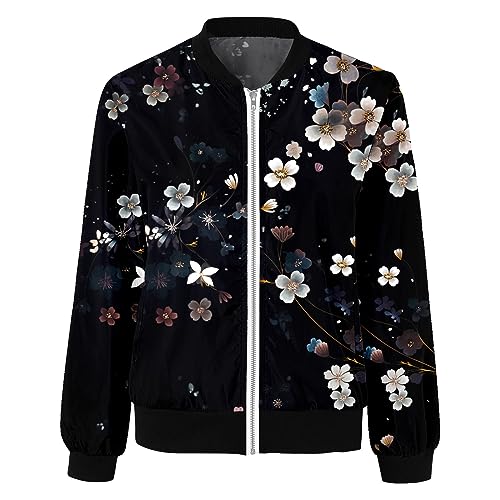 Bomber Jackets for Women Long Sleeve Zip Up Floral Printed Waterproof Coats with Pockets Casual Inspired Jacket3