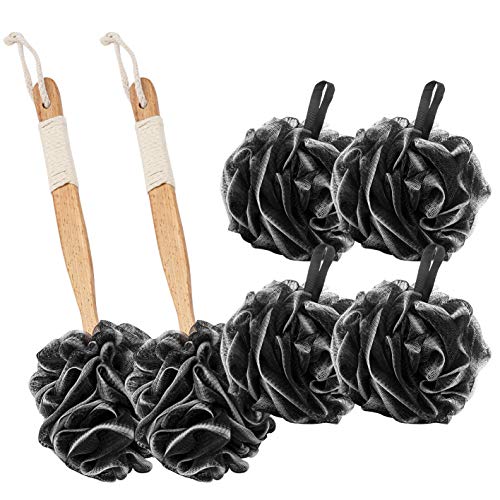 Trillnaber 6 Pack Shower Ball, 2 Premium Loofah Back Scrubber with Extended Reach Handle 15.5'' & 4 Black Large Shower Loofah Bath Sponge, Exfoliating Loofa Loofah Sponge for Men & Women
