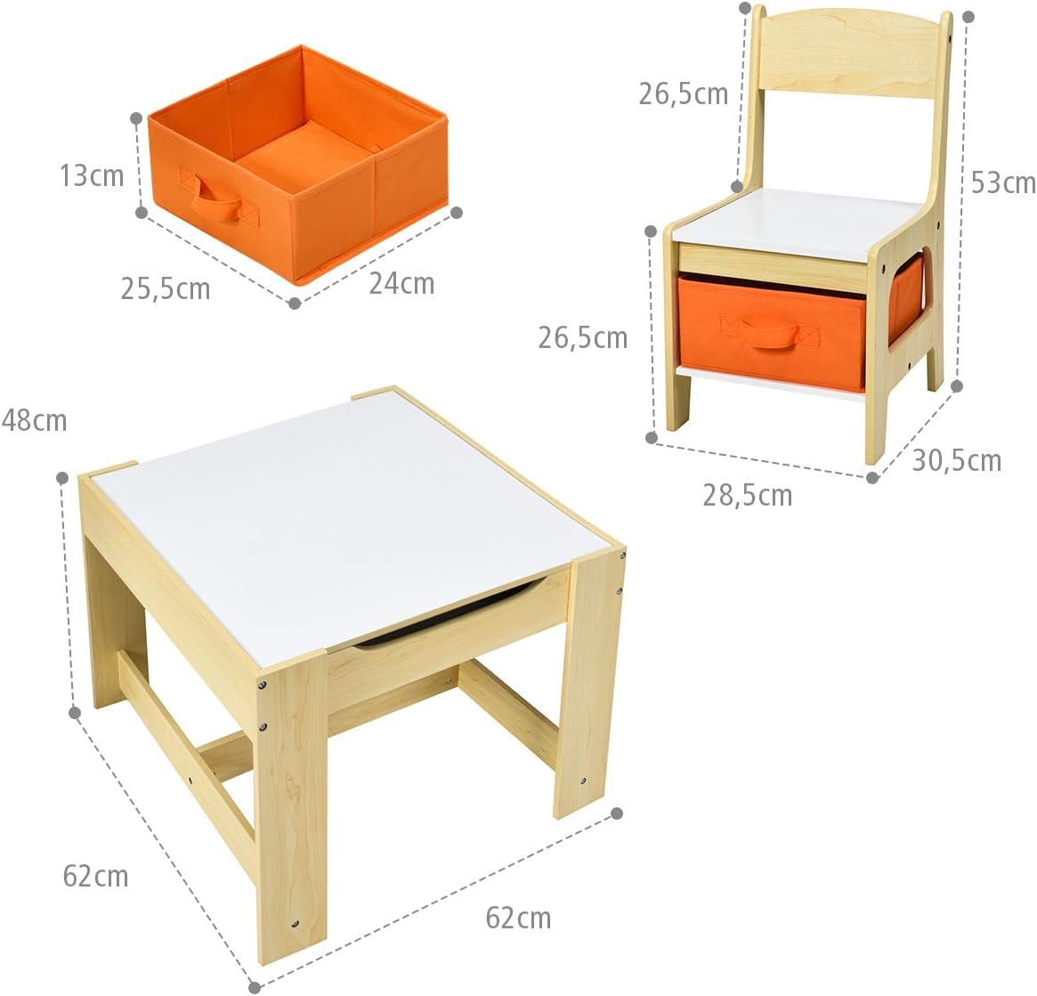 COSTWAY Table Enfant avec Chaise, Petite Table avec Tableau Amovible à 2 Faces et 2 Boîtes, Bureau Enfant avec Rangement Taille Compacte pour Chambre, École