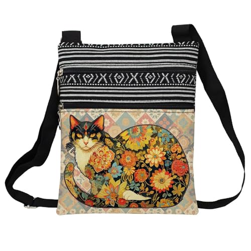 Patchwork Floral Cat Messenger Bag Small Ethnic Pattern Printed Adjustable Strap Crossbody Zipper Bag Patchwork Floral Cat Phone Bag Wallet Cute Shoulder Handbag for Women Friends -3