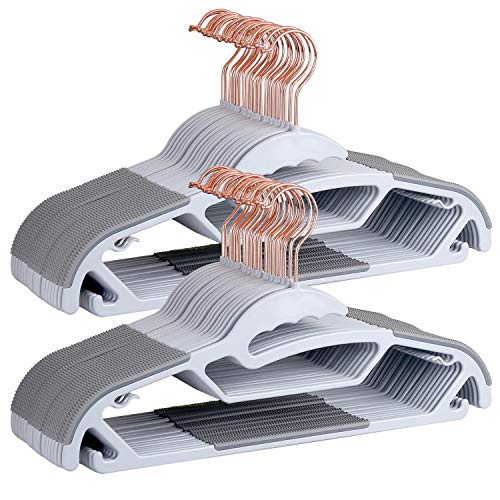 OIKA Plastic Hangers, Coat Hangers 50 Pack,Upgraded Rubber Stripe Non-Slip Hangers Space Saving Pants Hangers Heavy Duty Grey Hangers