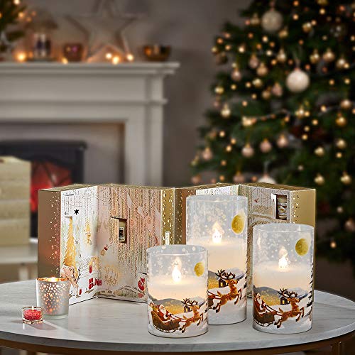 Image of Wondise Santa Claus Glass Flameless Candles Remote and Timer, Battery Operated Real Wax LED Flickering Pillar Candles White Cold Light Window Christmas Holiday Decor D3 x H4, 5 inch, 6 inch