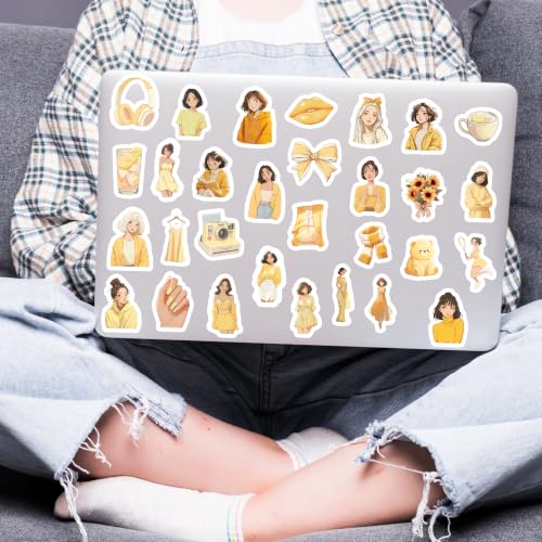 Image of Yellow Aesthetic Kawaii Girl Vinyl Stickers Pack of 34 | Waterproof Butter Yellow & Pastel Cute Fashion Decals for Laptop, Water Bottle, Journal, Scrapbook, Phone Case | Self-Adhesive Sticker Pack