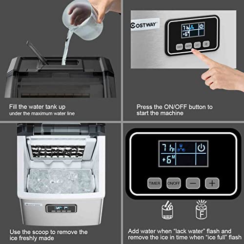 Edelstahl-Eismaschine, automatische Eismaschine mit Eisschaufel und Korb, 48 lbs / 24 h, Selbstreinigungsfunktion… – Bild 7