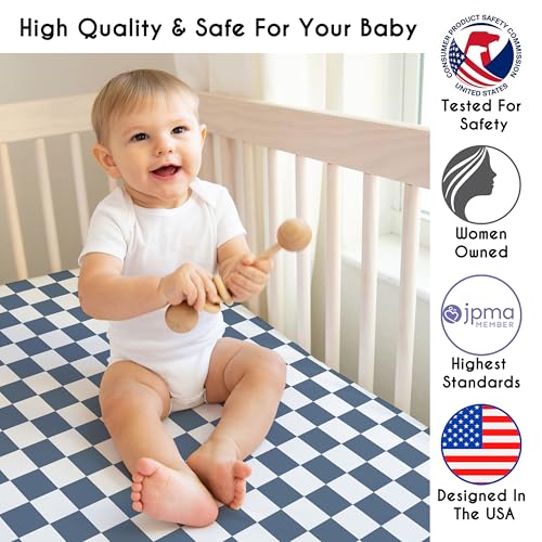 Image of Sweet Jojo Designs Fitted Baby Crib Sheets (Blue and White Gingham Checkered) for Boys, Infant Nursery, Toddler Room - Standard Size (Neutral, Plaid, Vintage, Modern, Check, Geometric, Retro, Slate)