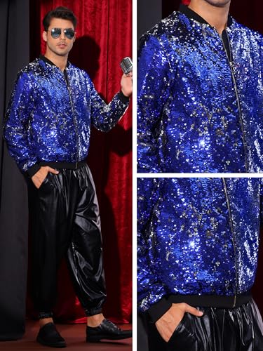 Image of Lars Amadeus Sequin Varsity Jacket for Men's Zipper Party Disco Flip-Sequin Shiny Bomber Jackets