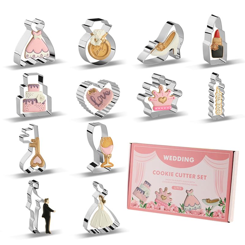 12 Wedding Cookie Cutters Shapes Set for Baking Including Bride and Groom Diamond Ring Wedding Cake Candle Wedding Dress Champagne Glasses Lipstick Heels Etc.