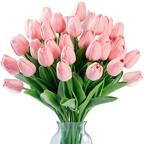 Sggvecsy 15 Pcs Fake Tulips Artificial Flowers Real Touch PU Faux Flowers Tulip Stems for Wedding Spring Bouquet Floral Arrangement Home Party Office Decorations for Mothers Day (Milk Pink)