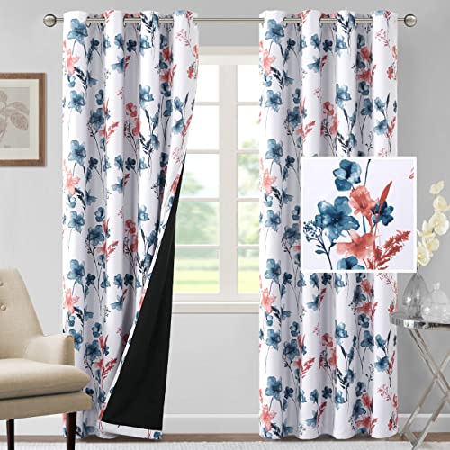 Image of BFAM Floral Print 100% Blackout Curtain with Black Linning at Back, Floral Print Curtains for Living Room /Bedroom Thermal Insulated Energey Saving Blossom Curtain, Pack of 1 Curtain