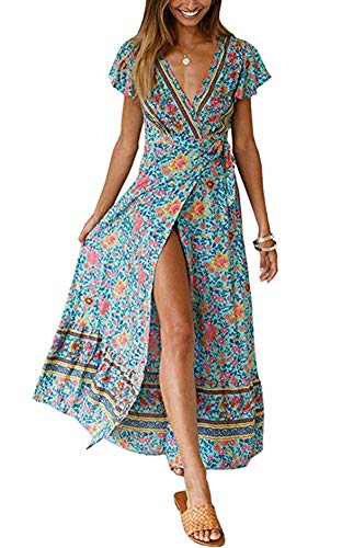 Vestido Maxi de Fiesta de Playa Dividida con Cuello en V y Estampado Bohemio Sexy para Mujer Verano (A, M)