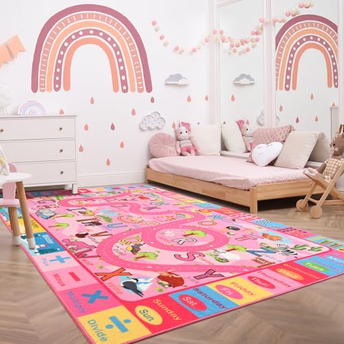 Terrug Kids Rug for Playroom, Educational Classroom Rug for Kids Room, Washable Nursery Rugs Non Slip Playroom Rugs Play Mat for Learning ABC Carpet, Numbers, Animal, Colors, Season, 4X6 Feet, Pink - Image 4