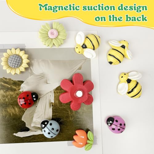 Image of HASTHIP Cartoon Fridge Magnets 10 Pack with Resin Flower Designs and Cartoon Bee Shapes for Kitchen Decoration Stylish Refrigerator Accessories