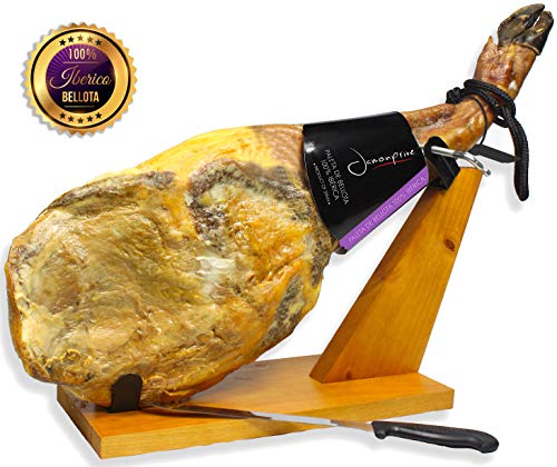 Iberico Ham Acorn-Fed Bellota 100% Pure Breed (Shoulder) Bone In 9.5-11Lb + Ham Stand + Knife & Spanish Serrano Ham Sliced Dry-Cured (12Oz) - Cured Spanish Jamon - Gmo & Gluten Free #TOP1