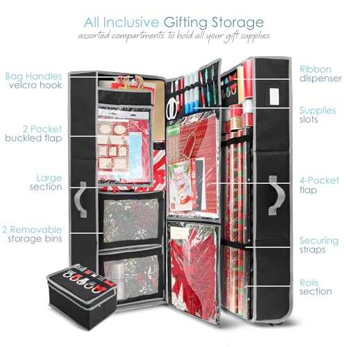 Image of Hearth & Harbor Holiday Storage with Extra 2 PC of Christmas Storage Bins and Ribbon Storage Organizer - Fade Resistant Wrapping Paper Storage Containers with Wheels Fits Up to 30 Rolls of 40 inch Length