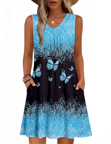 Image of Zeagoo Summer Dresses for Women 2026 Sleeveless Dress V Neck Tank Dress Pleated Floral Tshirt Sundresses with Pockets