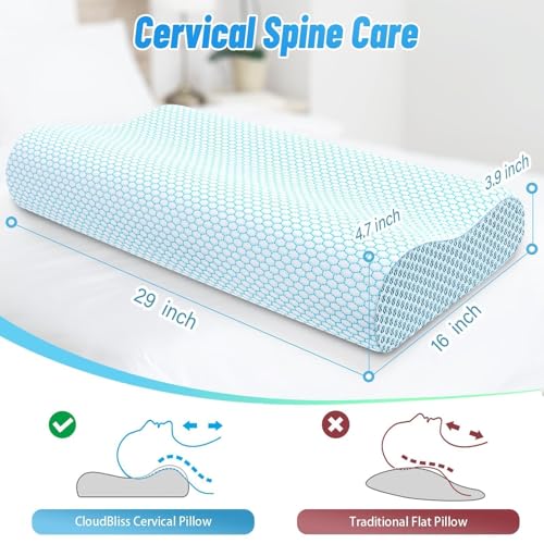 Image of CloudBliss Memory Foam Pillow, Ergonomic Neck Contour Cervical Pillow for Back and Shoulder Pain, Orthopedic Pillow for Neck Pain Relief, for Sleeping Side, Back, Stomach Sleepers - Blue, Queen