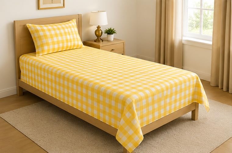 Image of Jashan 210 TC Premium Glace Cotton Comfort Elegent Design Bedsheet with Pillow Cover - Ultra Soft Cotton Single Bed Sheet for Daily Comfort - YellowCheck Elegent 60x90 Inche