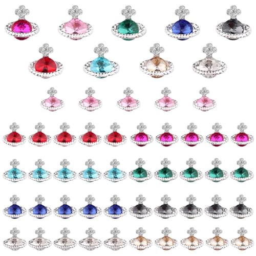 Planet Nail Charms 54 Pcs 3D Nail Rhinestones Shiny Silver Saturn Shape Nail Art Nail Gems Diamond Crystals Luxury Jewelry Nail Alloy Studs Nail Decoration Supplies for Acrylic Nails DIY (9 Colors)