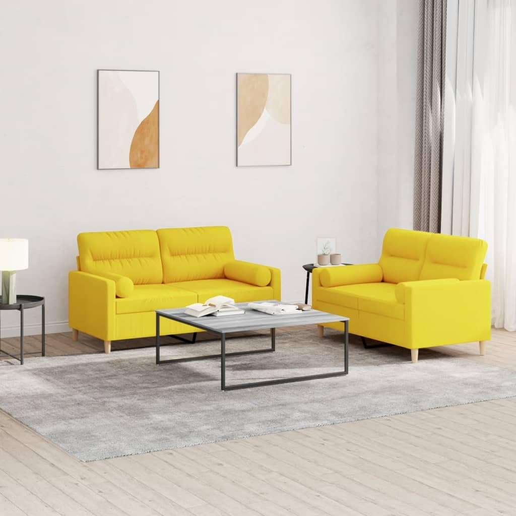 Juego de 2 piezas de sofá con cojín de ruedas, tejido amarillo claro para salón, resistente y transpirable, asiento acolchado grueso y reposabrazos, estructura de madera contrachapada