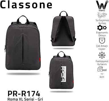 CLASSONE PR-R174 Roma Serisi Su Geçirmez Kumaş 17 Notebook Laptop Sırt Çantası, Gri