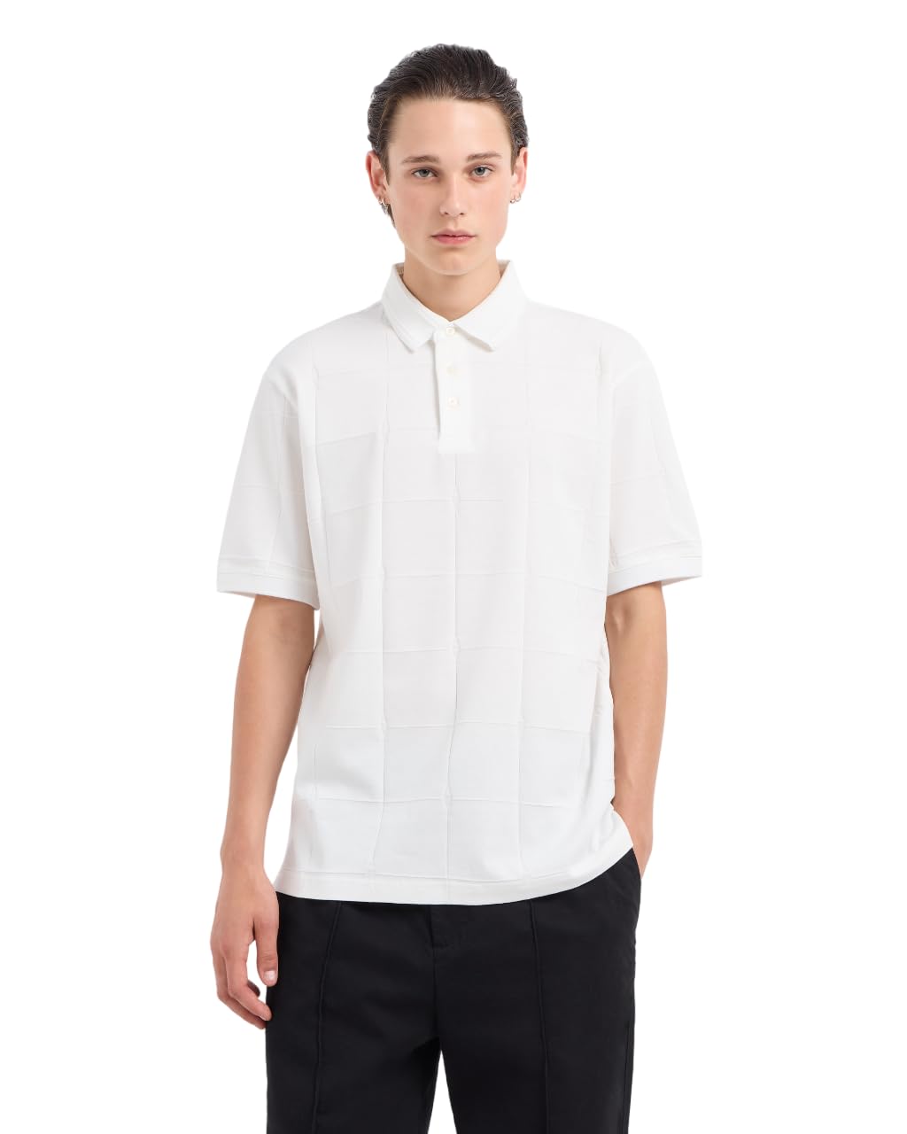 Armani Exchange Men's Cotton Jacquard Grid with Stacked Ax Logo Polo Shirt, Off White, XL
