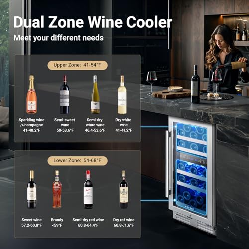 BODEGA 15 Inch Wine Cooler, Dual Zone 15” Wine Fridge With Double-Layer Glass Door, Freestanding or Built In Wine Cooler Refrigerator With Stainless Steel Handle, 30 Bottles Wine Fridge For Home. on Fridge.com