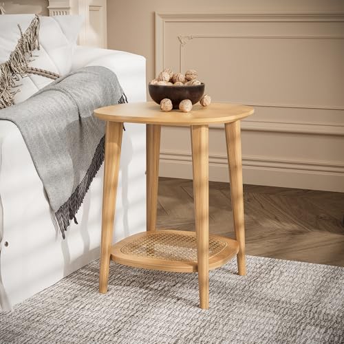 MODERION Table d'appoint bohème avec plateau en rotin, table basse carrée avec coins arrondis, petite table de téléphone pour le salon, table d'angle...