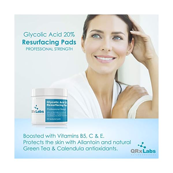 Glycolic-Acid-20-Resurfacing-Pads-for-Face-Body-with-Vitamins-B5-C-E-Green-Tea-Calendula-Allantoin-Exfoliates-Surface-Skin-and-Reduces-Fine-Lines-and-Wrinkles-Peel-Pads QRxLabs Glycolic Acid 20% Resurfacing Pads for Face & Body with Vitamins B5, C & E, Green Tea, Calendula, Allantoin - Exfoliates Surface Skin and Reduces Fine Lines and Wrinkles - Peel Pads