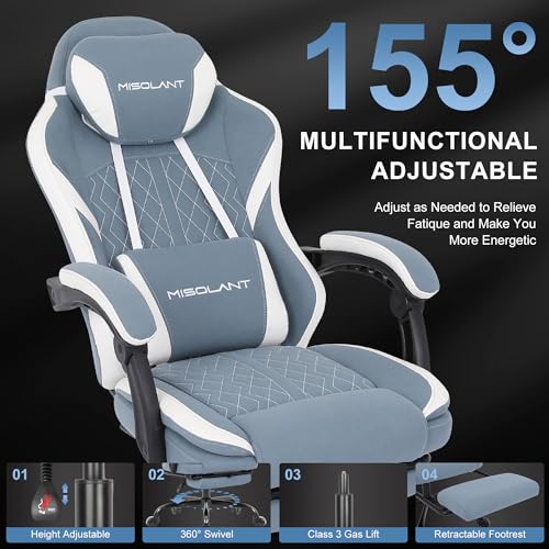 Image of Misolant Gaming Chair, Fabric Gamer Chair with footrest for Adults, High Back Ergonomic Computer Game Chair with Adjustable Headrest and Massage Lumbar Support, 90-155 Recline Free, Blue