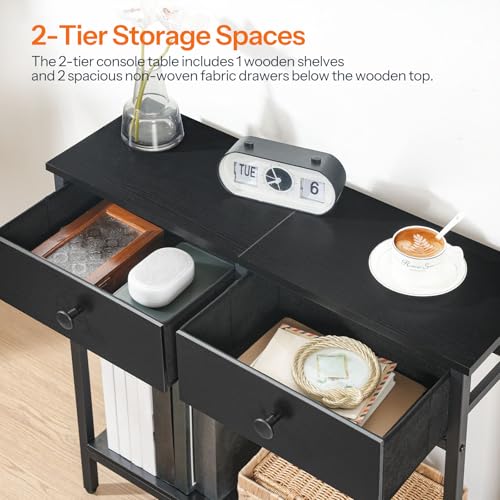 Image of HOOBRO 29.5 inch Narrow Console Table with 2 Fabric Drawers, Small Entryway Table with 2-Tier Storage Shelves, Sofa Table, Behind Couch Table, for Living Room, Hallway, Black BB71XG01