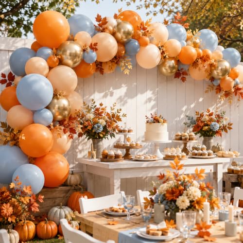 Image of Burnt Orange and Blue Fall Balloons, Retro Dusty Blue Orange Nude Balloon | Metallic Light Gold Thanksgiving Balloons for Boho Autumn Harvest Market Baby Shower Here Comes the Son Party Decorations