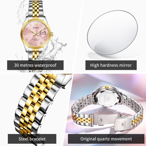 Image of OLEVS Watch for Women Fashion Pink Dress Analog Quartz Diamond Ladies Watch Simple Date Gift Waterproof Women Wrist Watch