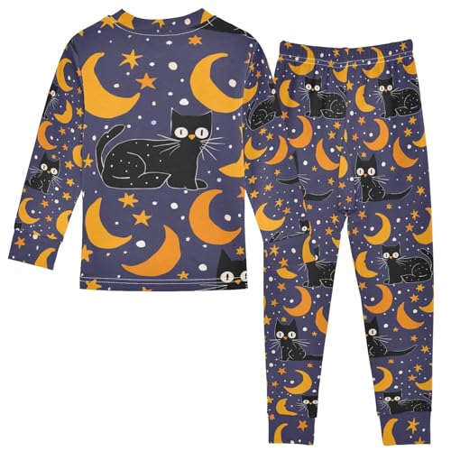 Fustylead Hand Draw Black Cat in Recumbent Pose and Stars Moon Cotton Pajamas 2-Piece Long Sleeve Sleepwear Matching Set2
