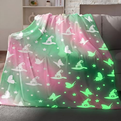 Hillsuren Pink and Green Witch Hat and Butterfly Blanket for Girls 50 x 60 Inch Glow in The Dark Fun Witch Theme Throw Blanket Team Gifts for Christmas Halloween Thanksgiving Gift Decoration
