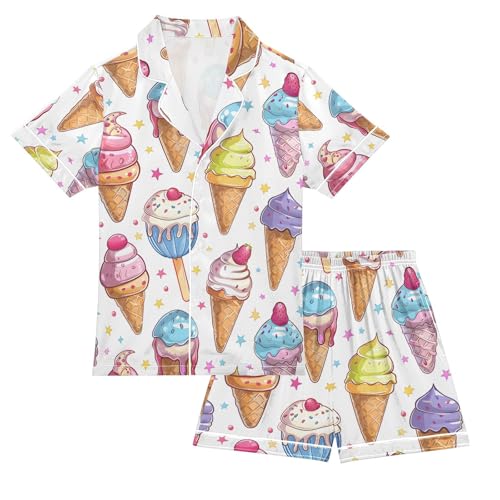 ALAZA Summer Ice Cream Star Dot Pajamas Satin Pajama Set Short Sleeve Button Down Sleepwear