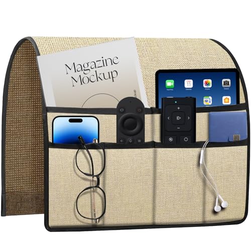 HAPLIFEZ Remote Holder for Recliner Armchair & Couch, Non Slip Sofa Armrest Organizer Caddy with 6 Pockets Thick Linen Fabric Storage for Tablet, Phone, iPad, Magazine, 19x35 Inches, Natural