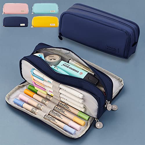 Trousse Scolaire, Trousse à Crayons Grande Capacité avec 3 Compartiments, Sac à Crayons école Papeterie Organisateur pour Collège Bureau étudiants fille Garçon Adulte Adolescent (Blue) Cover