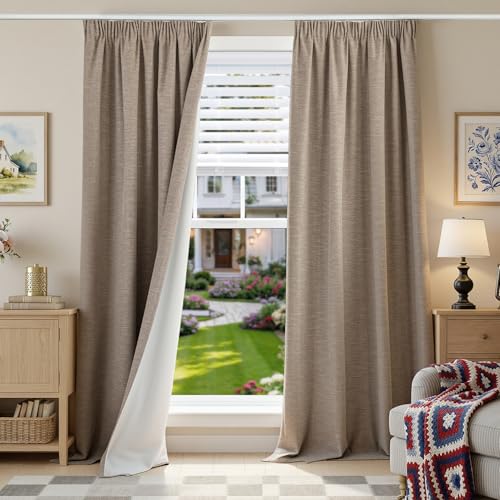 Runyéla 100% Occultant Rideau avec Galon Fronceur Thermiques Isolant Anti Froid, Lot de 2 140x280(LxH) Rideaux Lin pour Rail de Chambre Salon Masion Anti...