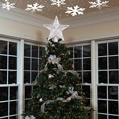 Christmas Tree Topper Lighted Star [Silver],3D Hollow Sparkling Star Christmas Tree Topper With Rotating Magic Cool White Snowflake Projector For Christmas Tree Ornament (Silver) #TOP1