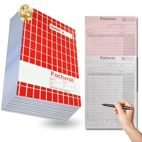 【PACK 12】 Talonario Facturas de Pedidos con Autocopiado y Matriz de Corte, Recibos de Facturas con 40 Hojas por Talonario (20,5 x 15 cm), Documento de Venta de Pedidos Realizados en Castellano.