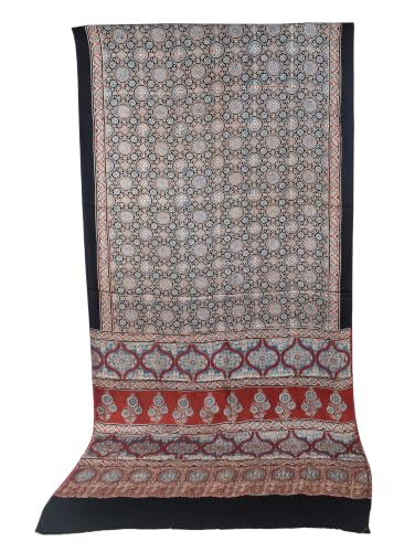 Image of Ethnics of Kutch Womenss Ajrakh Modal Silk Natural Dye Hand Block Print Saree with Blouse Piece - 5.5 Mtr Length