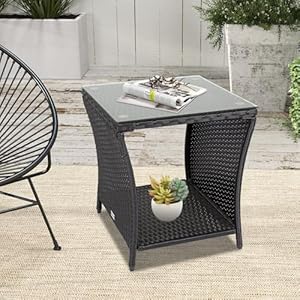 Kinbor porch side table wicker table with storage outdoor square side tables for patio garden porch black  urban country home decor