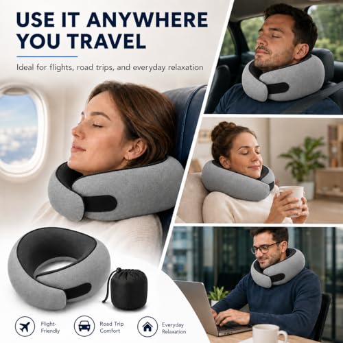 Oreiller de voyage pour avion, oreiller cervical en mousse à mémoire de forme pour voyage avec support de menton, housse lavable et sac de rangement, support de cou ergonomique à 360° pour les longs vols, voiture, bureau, maison, gris max – Image 6
